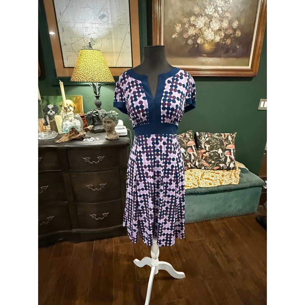 BCBGMAXAZRIA Womens Purple Polka Dot Notched V-Neck Empire Waist‎ Tie Dress L